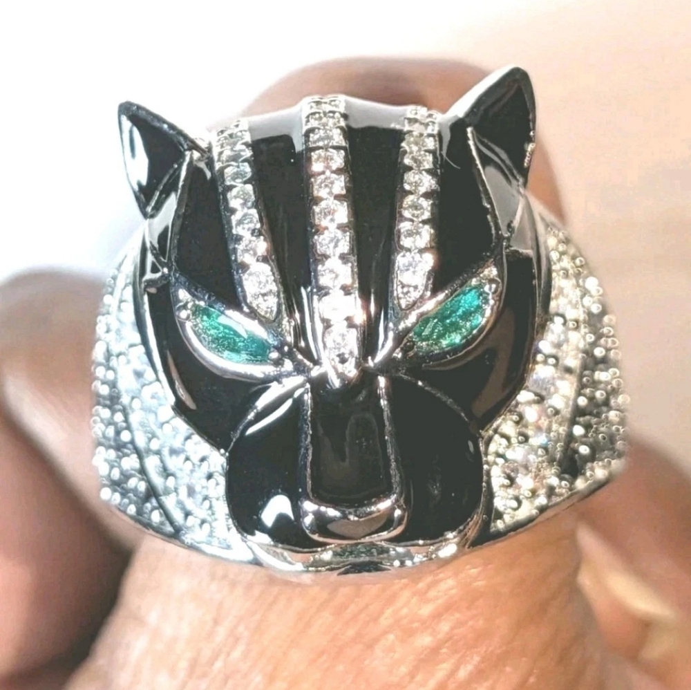 Retro 3Ct Round Cut Lab-Created Diamond Onyx Men's Black Panther Ring Sz 12 - Picture 4 of 17